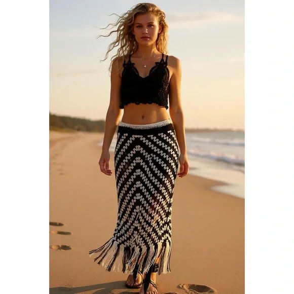 POL Black and Cream Crochet Fringe Maxi Skirt - Picture 2 of 6
